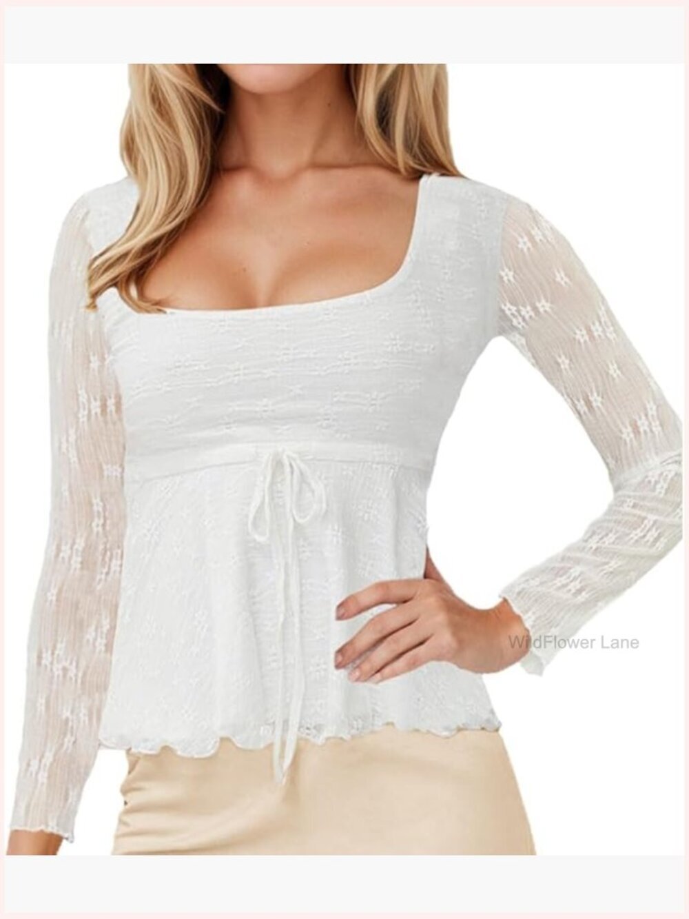 Y2k Square Neck Sheer Mesh Ruffle Hem Babydoll Long Sleeve Lace Up Lettuce Trim